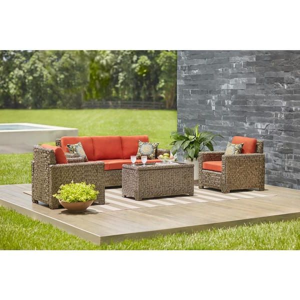 Favorite 4 Piece Outdoor Wicker Seating Set In Brown Throughout Hampton Bay Laguna Point 4 Piece Brown Wicker Outdoor Patio Deep Seating Set  With Cushionguard Quarry Red Cushions 65 516183 – The Home Depot (View 2 of 15)