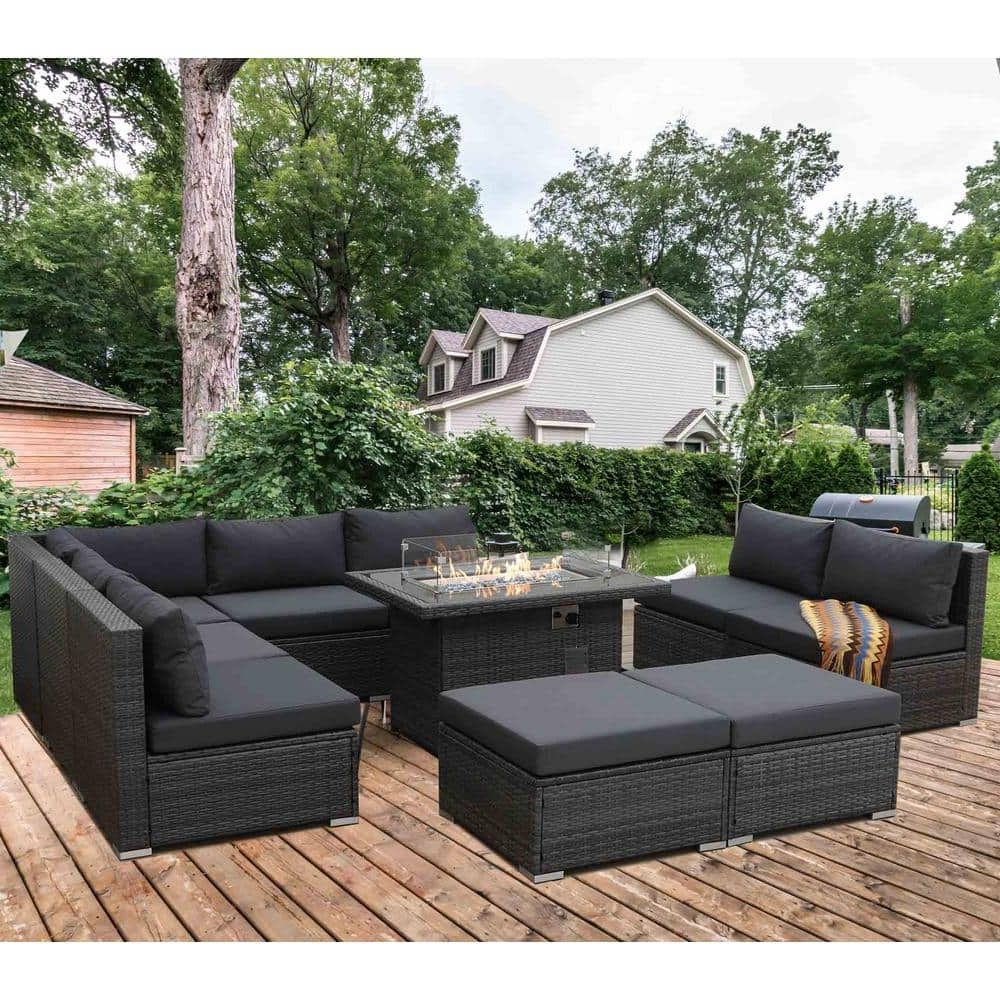 Favorite Fire Pit Table Wicker Sectional Sofa Conversation Set Throughout Nicesoul Gray 10 Piece Wicker Patio Conversation Set Deep Sectional Seating  Set With Charcoal Cushions And Fire Pit Table Hh 3023g – The Home Depot (View 13 of 15)