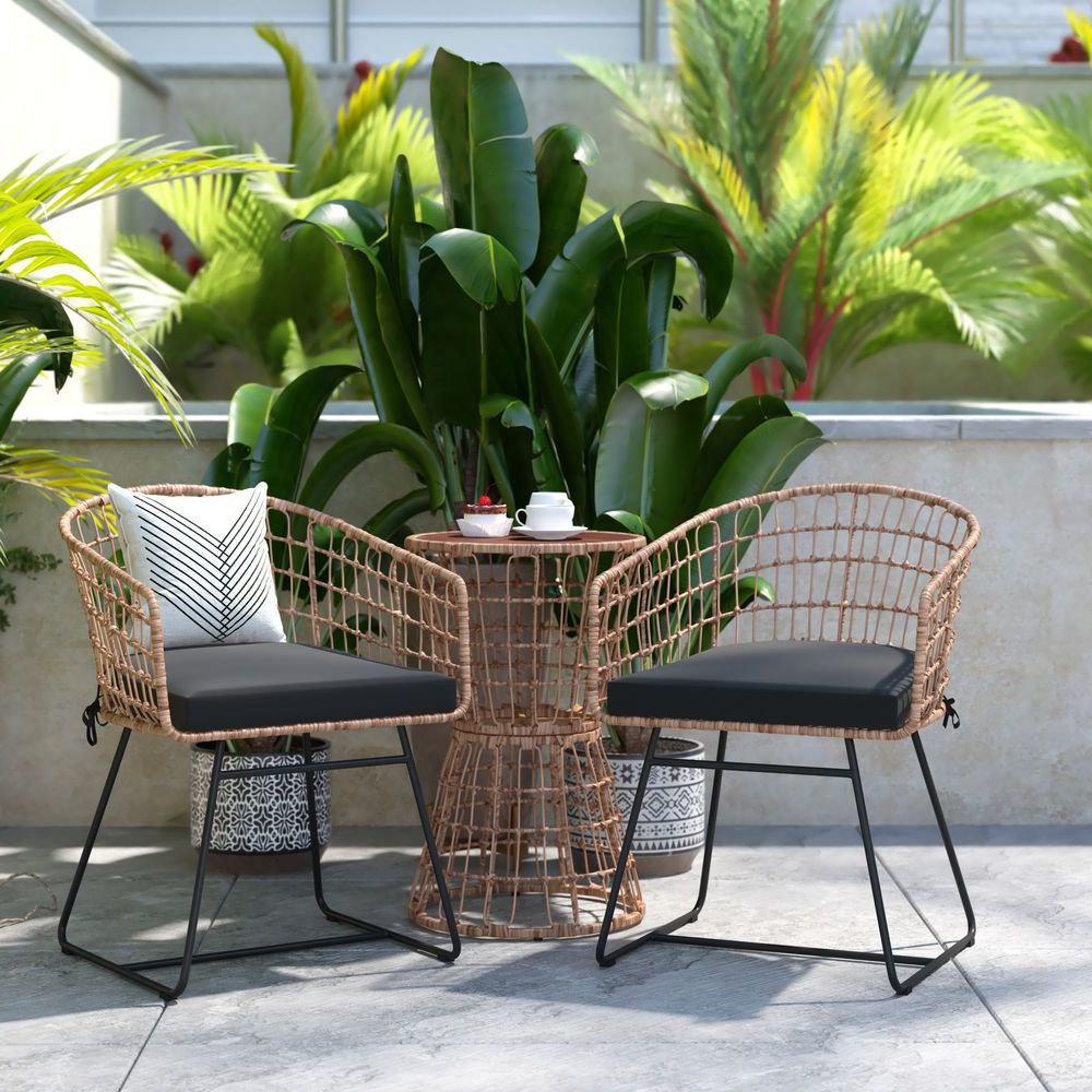 Favorite Flash Furniture Indoor/outdoor Natural Boho Rattan Rope Bistro Set With  Side Table And Cushions Throughout 3 Piece Outdoor Boho Wicker Chat Set (Photo 11 of 15)
