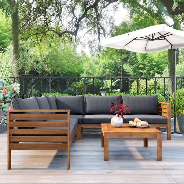 Favorite Forclover 4 Piece Wood Outdoor Sectional Set With Gray Cushions Patio  Conversation Corner Sofa With Coffee Table Mxmfgo67 – The Home Depot In Wood Sofa Cushioned Outdoor Garden (View 11 of 15)