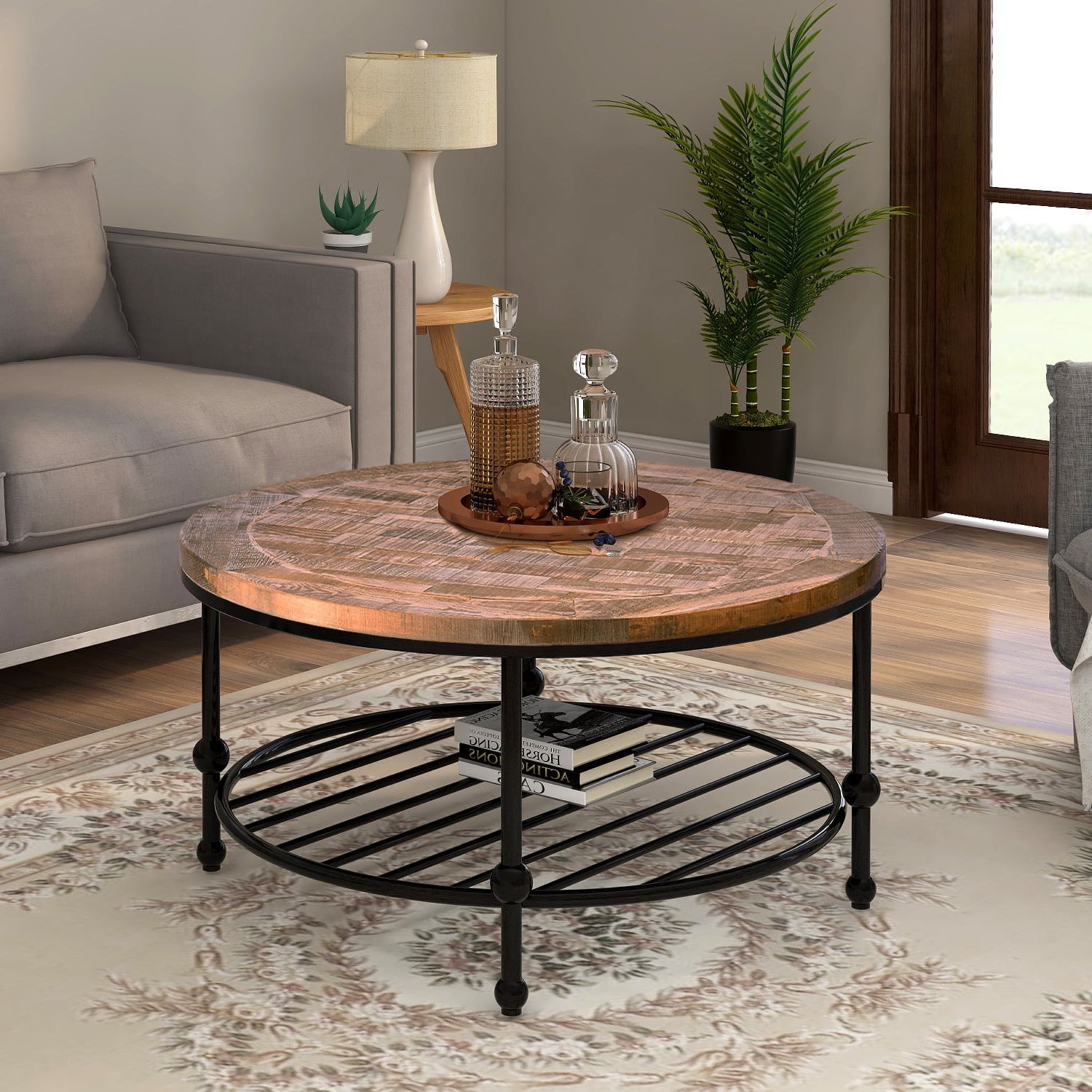 Favorite Kofun Modern Round Metal Coffee Table, 2 Tier Round Coffee Table With  Storage Shelf, Outdoor Metal Coffee Table With Solid Wood Tabletop, Rustic  Brown – Walmart Intended For Outdoor 2 Tiers Storage Metal Coffee Tables (View 5 of 15)