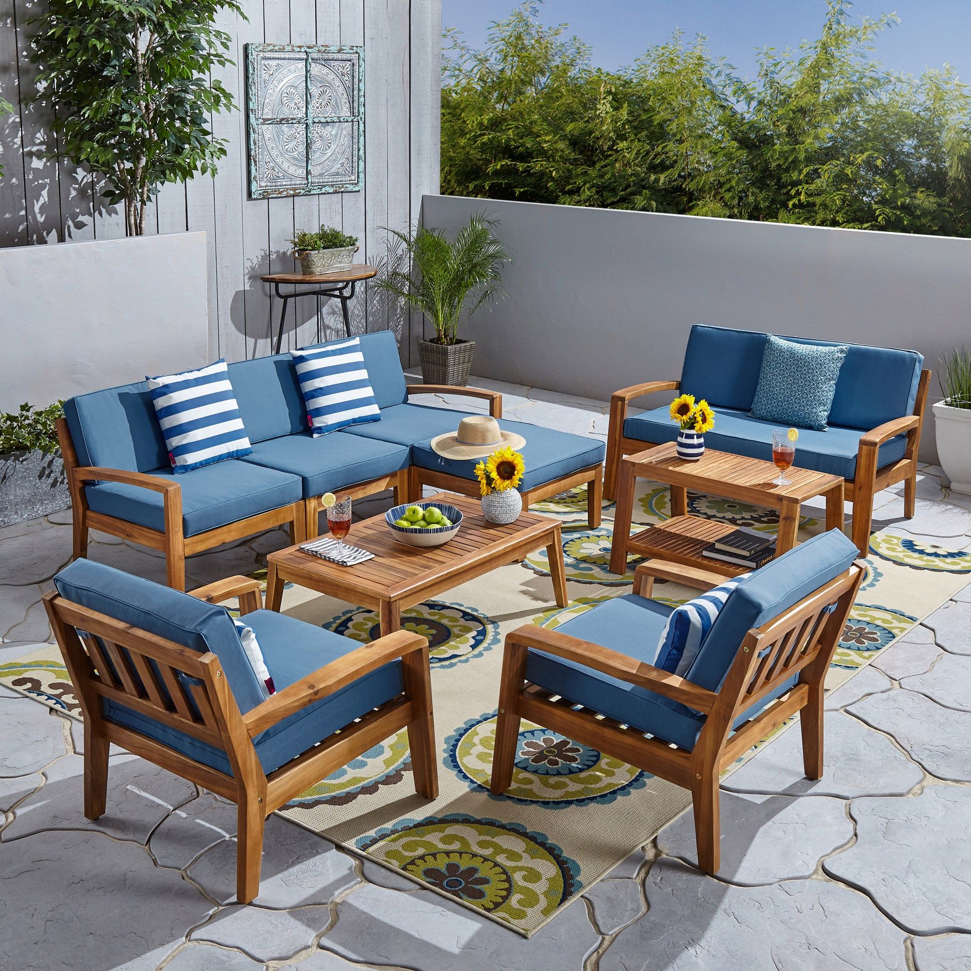 Favorite Outdoor Cushioned Chair Loveseat Tables With Grenada 7 Seater Sectional Sofa Set For Patio With Loveseat, Club Chairs,  Ottoman, And Coffee Tables, Acacia Wood, Teak Finish With Blue Outdoor  Cushions (View 15 of 15)
