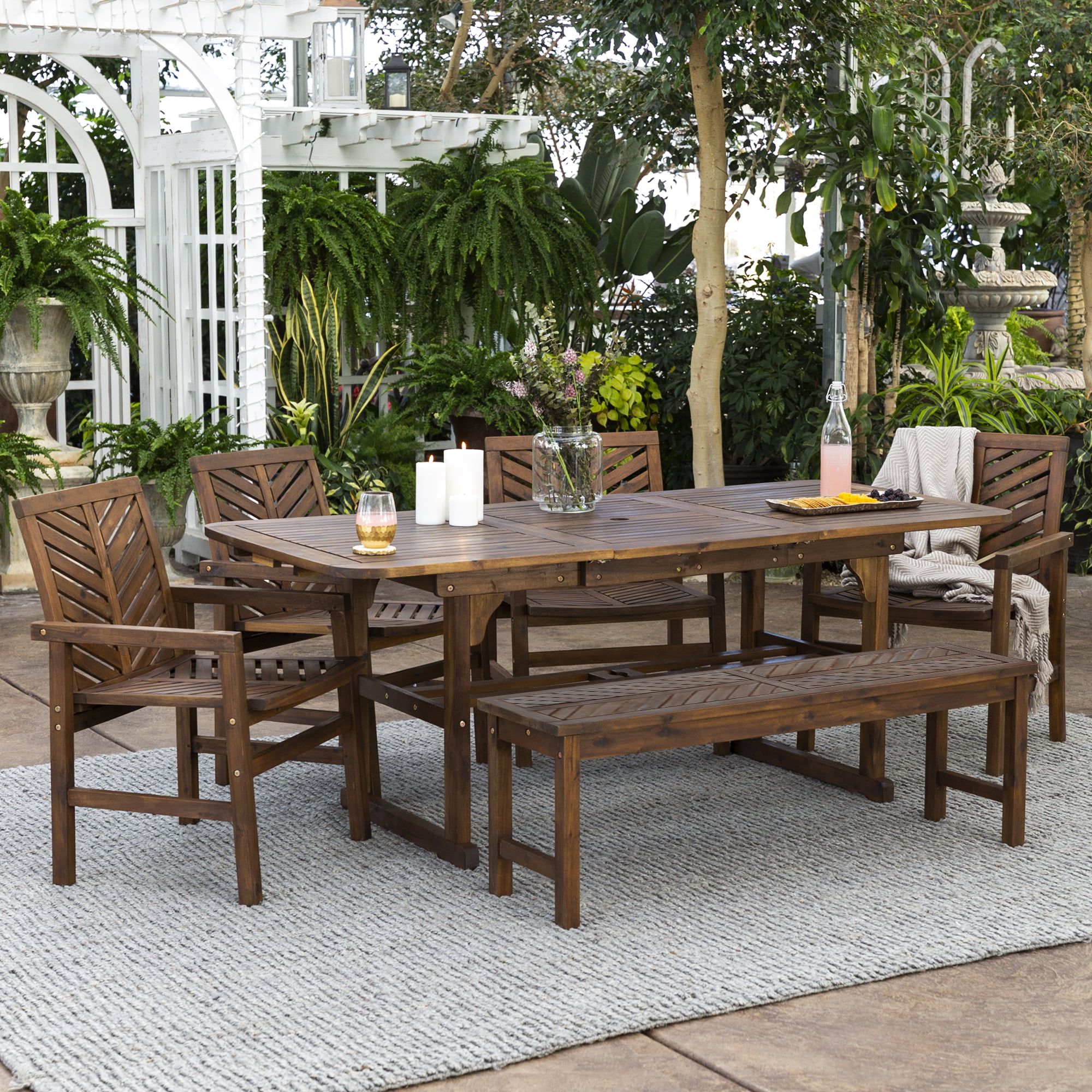 Favorite Outdoor Terrace Bench Wood Furniture Set Throughout Manor Park 6 Piece Extendable Outdoor Patio Dining Set – Dark Brown –  Walmart (View 5 of 15)
