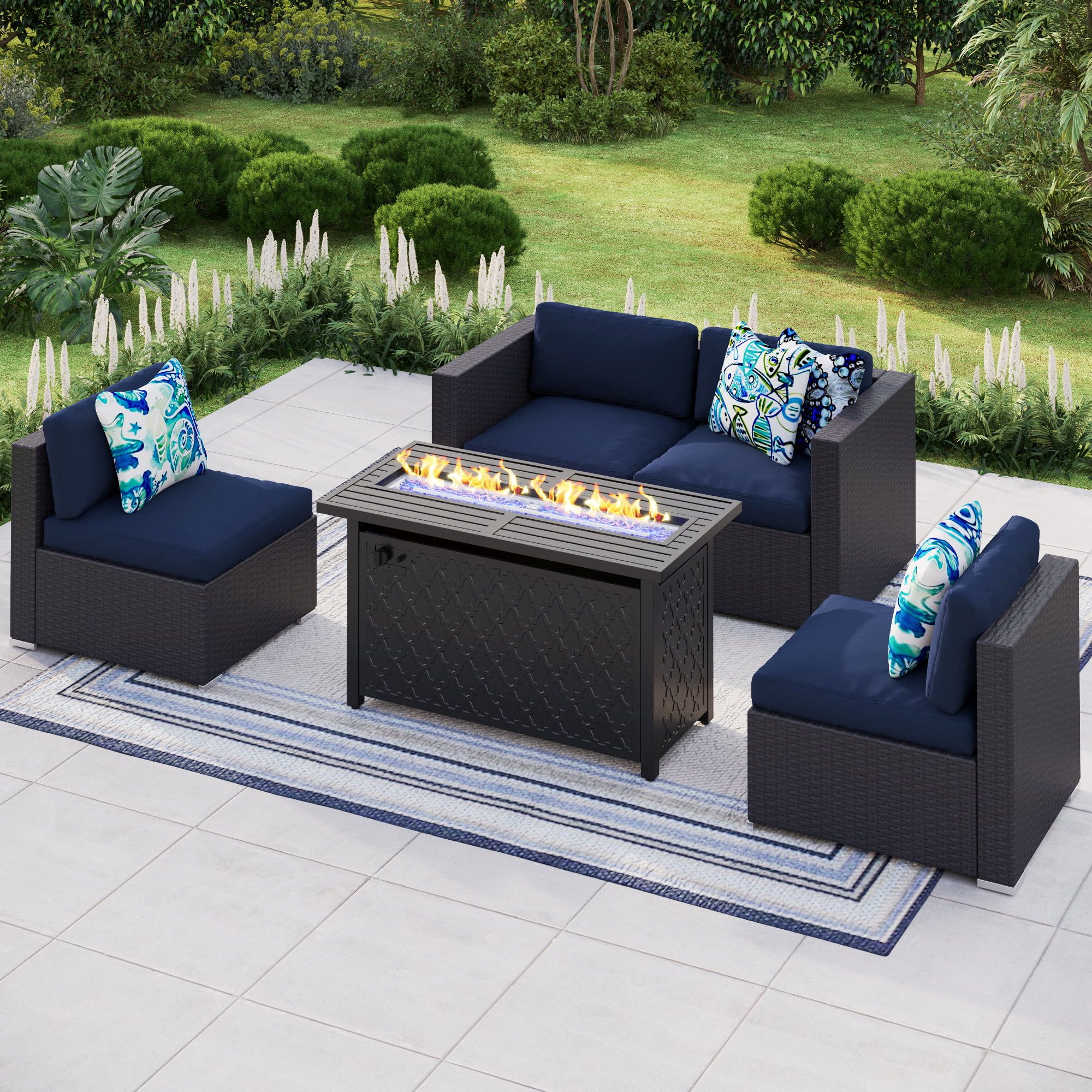 Fire Pit Table Wicker Sectional Sofa Conversation Set Inside Recent Mf Studio 5pcs Gas Fire Pit Table Set, 4pcs Patio Conversation Sets With 45  Inch Rectangular Outdoor Firepits, Bluel Fire Glass And Lid For Free, Black  – Walmart (View 9 of 15)