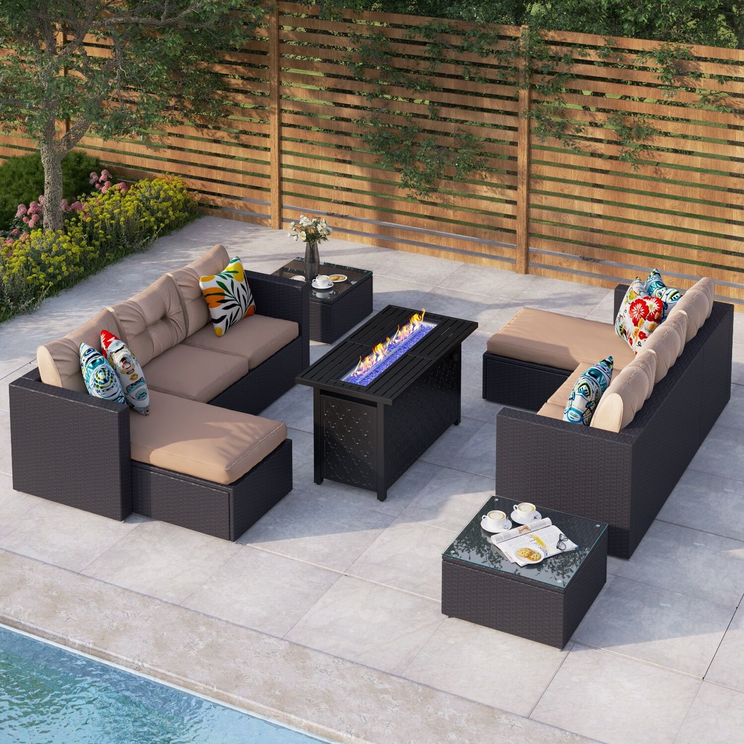 Fire Pit Table Wicker Sectional Sofa Conversation Set Regarding Fashionable Makeyourday 9 Pieces Fire Pit Rattan Sectional Sofa Set – On Sale –  Overstock –  (View 4 of 15)