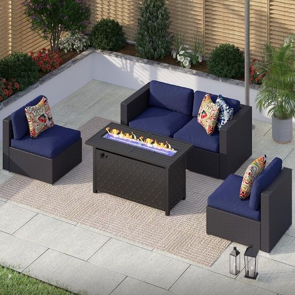 Fire Pit Table Wicker Sectional Sofa Conversation Set Within Popular Phi Villa Black Rattan Wicker 4 Seat 5 Piece Steel Outdoor Fire Pit Patio  Set With Blue Cushions And Rectangular Fire Pit Table Thd5 039040 007 – The  Home Depot (View 3 of 15)
