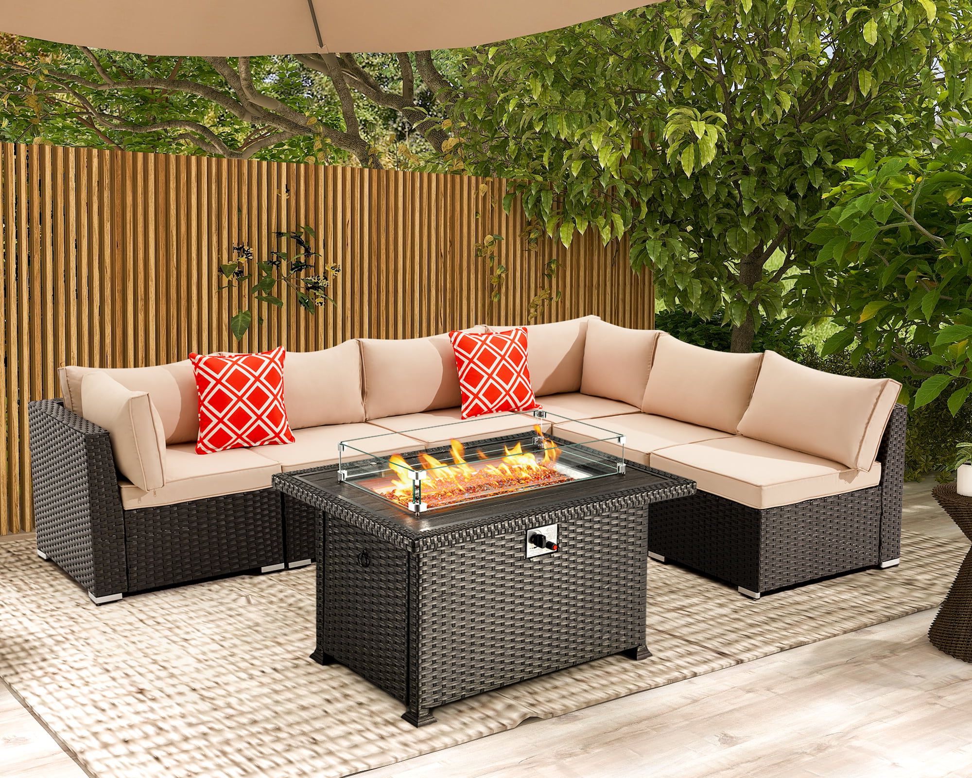 Fire Pit Table Wicker Sectional Sofa Set Pertaining To Current Hugiee 7 Pieces Patio Furniture Wicker Sofa Outdoor Sectional Sets With  44 Inch 50,000 Btu Gas Fire Pit Table Auto Ignition Propane Fire Pit Table,  Khaki – Walmart (Photo 2 of 15)
