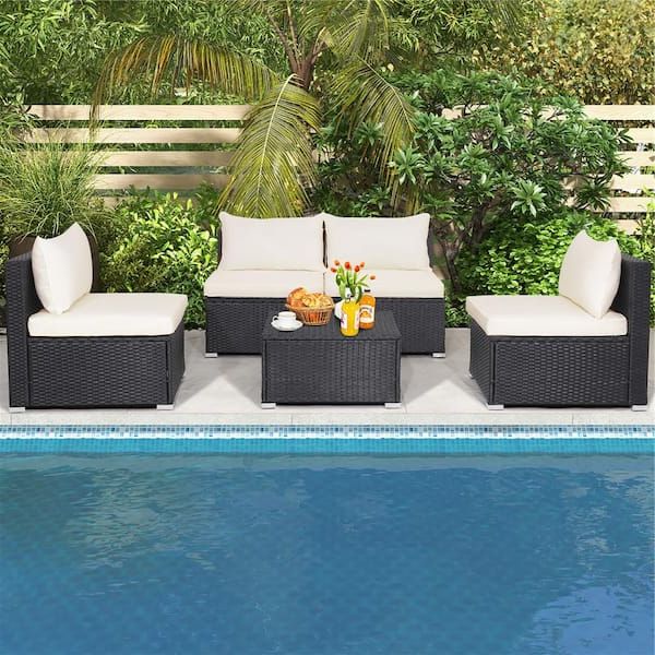 Furniture Conversation Set Cushioned Sofa Tables In Trendy Costway 5 Piece Patio Rattan Wicker Furniture Conversation Set Cushioned  Sofa Deck In Off White Hw69932 – The Home Depot (Photo 8 of 15)