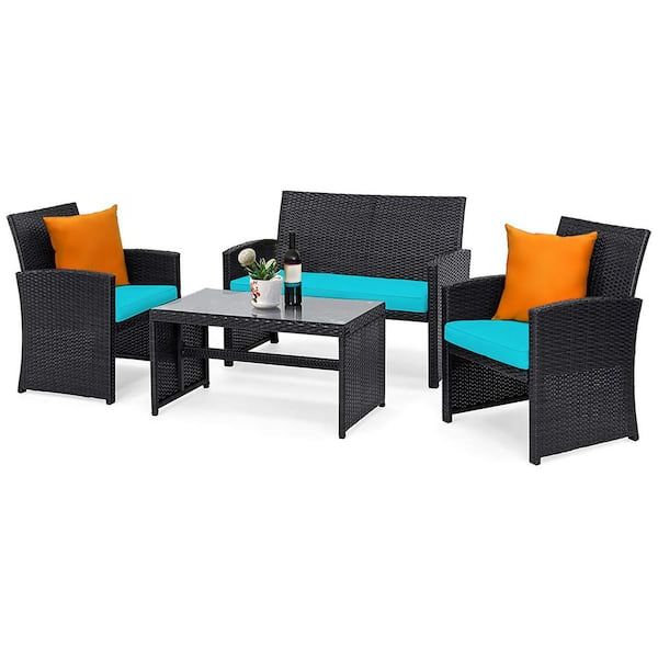 Furniture Conversation Set Cushioned Sofa Tables With Regard To 2020 Costway 4 Piece Patio Rattan Furniture Conversation Set Cushion Sofa Table  Garden Turquoise Hw63239tu – The Home Depot (View 2 of 15)
