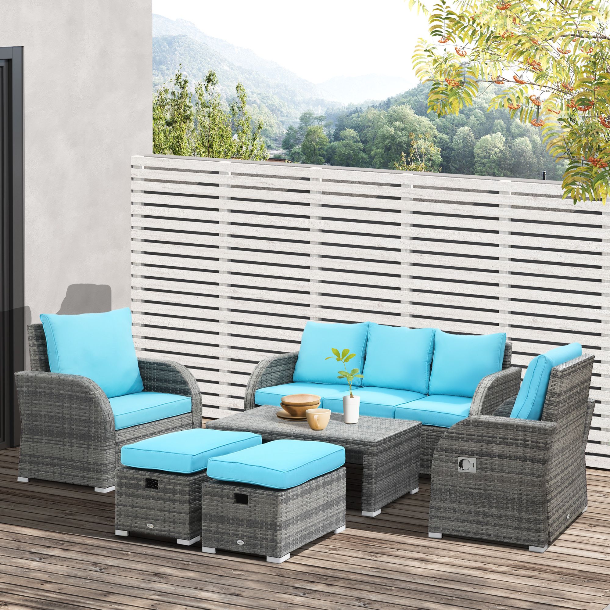 Furniture Conversation Set Cushioned Sofa Tables With Regard To Newest Outsunny 6 Pieces Patio Wicker Sofa Sets, Outdoor Sectional Furniture Set,  Include 3 Seat Sofa, 2 Adjustable Recliners, 2 Footstools & Table Set For  Lawn Garden Backyard, Sky Blue 6 Piece Rattan Cushioned Recliner, (View 10 of 15)