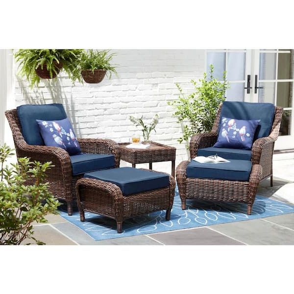 Hampton Bay Cambridge Brown Wicker Outdoor Patio Ottoman With Cushionguard  Midnight Navy Blue Cushions 65 17148b2 – The Home Depot Inside Well Known Brown Wicker Chairs With Ottoman (View 3 of 15)