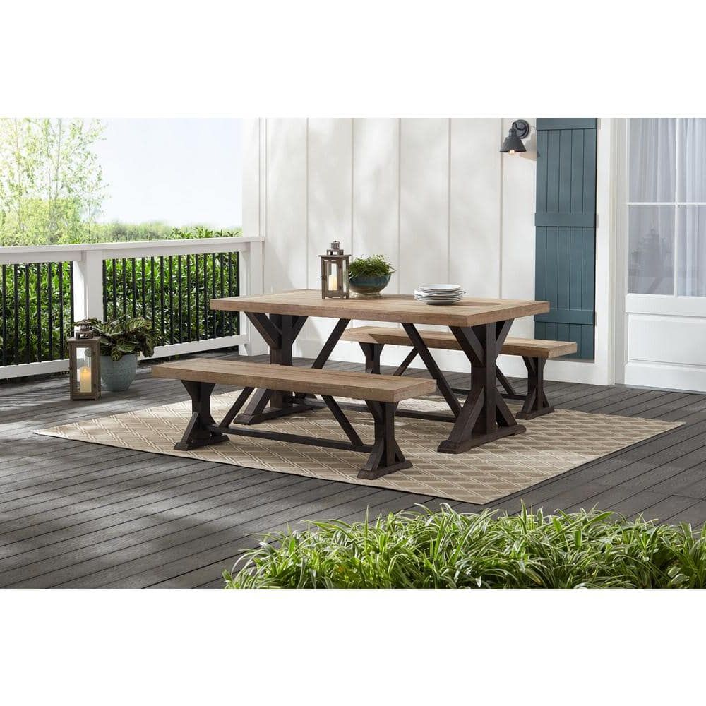 Hampton Bay Silver Oaks Farmhouse 3 Piece Acacia Wood Outdoor Patio Dining  Set S3 T135 B083 – The Home Depot Throughout Latest Oaks Table Set With Patio Cover (Photo 4 of 15)