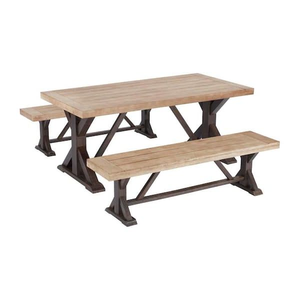 Hampton Bay Silver Oaks Farmhouse 3 Piece Acacia Wood Outdoor Patio Dining  Set S3 T135 B083 – The Home Depot With Fashionable Oaks Table Set With Patio Cover (View 5 of 15)