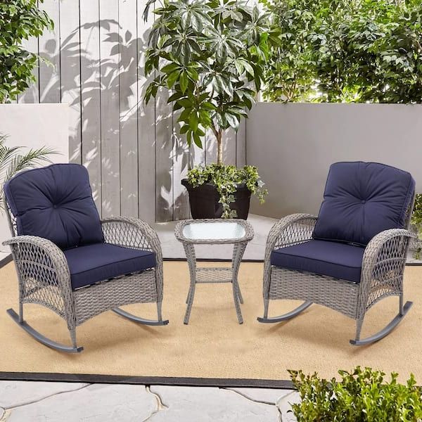 Harper & Bright Designs Gray 3 Piece Wicker Outdoor Rocking Chair Set With  Navy Blue Cushions And End Table Gccphc69340 – The Home Depot Throughout Well Known 3 Piece Cushion Rocking Chair Set (Photo 4 of 15)