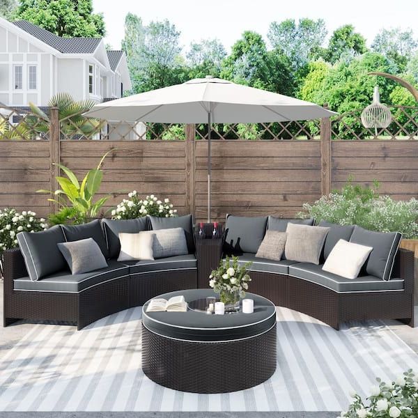 Harper & Bright Designs Half Moon Brown Wicker Outdoor Sectional Set With  Gary Cushions Sh000147aae – The Home Depot Regarding Preferred All Weather Wicker Sectional Seating Group (Photo 7 of 15)
