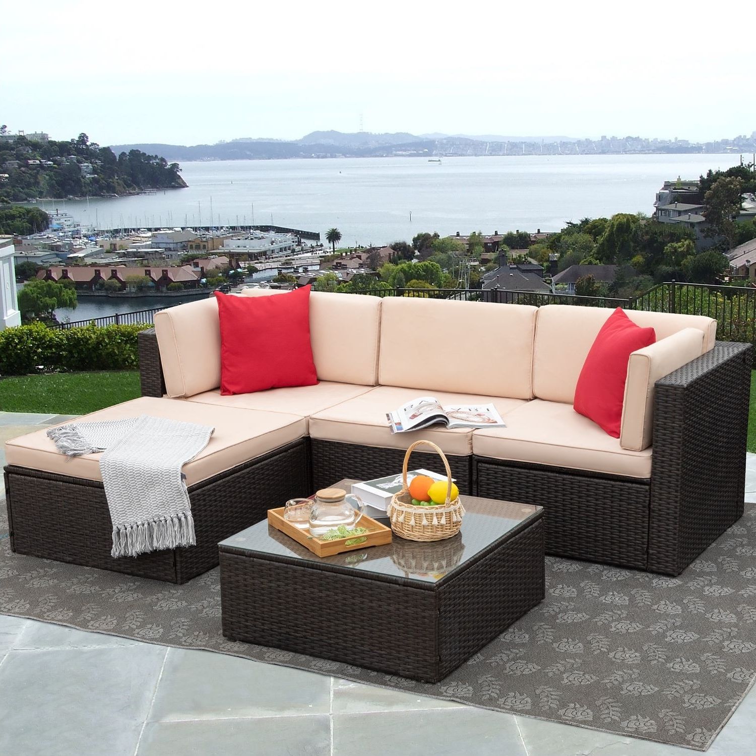 Homall 5 Pieces Patio Furniture Sets Outdoor Sectional Sofa Manual Weaving  Rattan – Overstock – 33138198 Inside Latest All Weather Rattan Conversation Set (Photo 5 of 15)