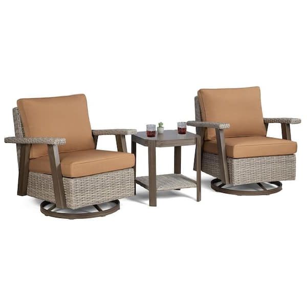 Joyside 3 Piece Wicker Patio Swivel Rocking Chair Conversation Set With Tan  Cushions M50c Tan Thd – The Home Depot Intended For 2020 3 Piece Cushion Rocking Chair Set (View 14 of 15)