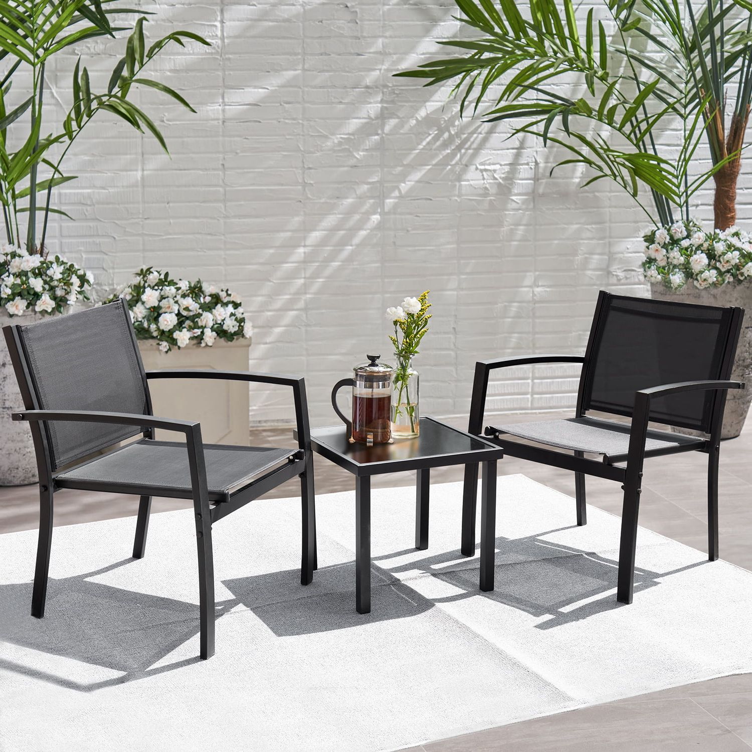 Lacoo 3 Pieces Patio Conversation Set Bistro Set Morden Furniture Set With  Table, Balck,textilene Fabric & Steel Frame – Walmart Intended For Well Known Textilene Bistro Set Modern Conversation Set (Photo 10 of 15)