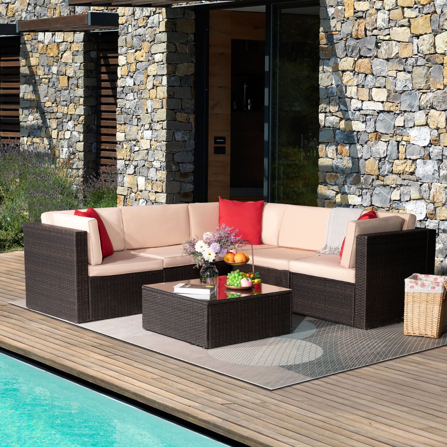 Lacoo 6 Pieces Patio Sectional Sofa All Weather Pe Rattan Manual Wicker  Conversation Sets With Washable Cushions And Glass Table (brown) –  Walmart With Regard To Most Up To Date Outdoor Rattan Sectional Sofas With Coffee Table (View 14 of 15)