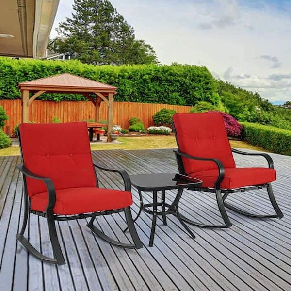 Latest 3 Piece Cushion Rocking Chair Set Inside Suncrown 3 Piece Metal Outdoor Bistro Set Rocking Chairs With Red Cushions  Hd F01b033 – The Home Depot (View 8 of 15)