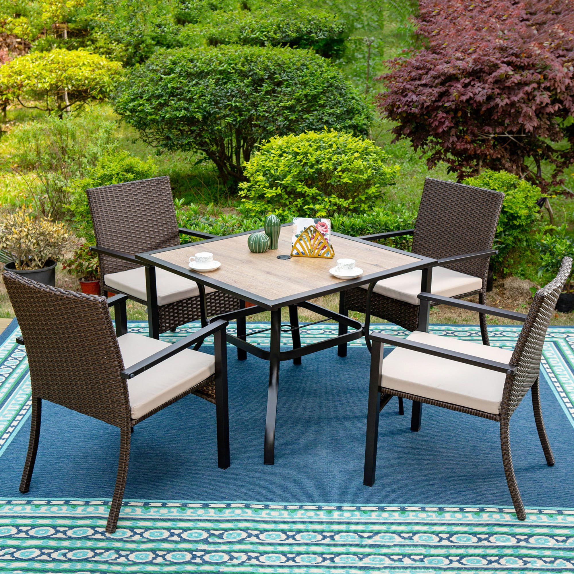 Latest 5 Piece Patio Furniture Set With Regard To Mf Studio 5 Piece Outdoor Patio Dining Set With 4 Pcs Rattan Cushioned  Armchairs& 1 Pc Square Table, Dark Brown – Walmart (Photo 14 of 15)