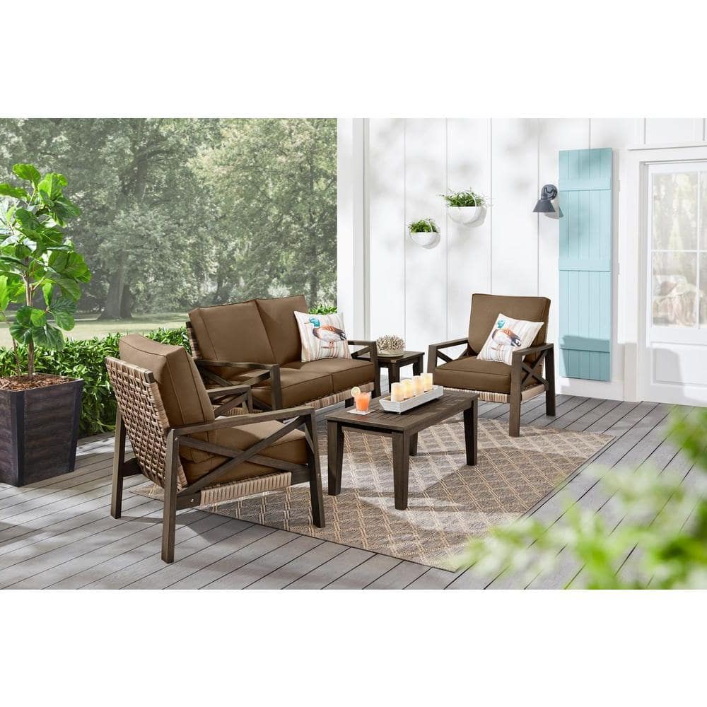 Latest Hampton Bay Lakehaven Dark Grey 5 Piece Wood Patio Conversation Set With  Cushionguard Earth Brown Cushion S5 S028 T087 T0 – The Home Depot With 5 Piece Patio Conversation Set (View 13 of 16)