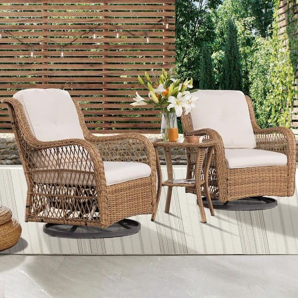 Latest Joyside 3 Piece Wicker Outdoor Swivel Rocking Chair Set With Beige Cushions  Patio Conversation Set (2 Chair) Yw3s M12 Beige – The Home Depot For 3 Pieces Outdoor Patio Swivel Rocker Set (Photo 4 of 15)
