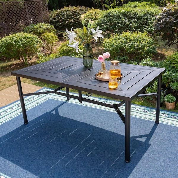 Latest Outdoor Furniture Metal Rectangular Tables Throughout Phi Villa 64 In. X 39 In. Black Rectangular Metal Outdoor Dining Table  Thd Pv 410 – The Home Depot (Photo 7 of 15)