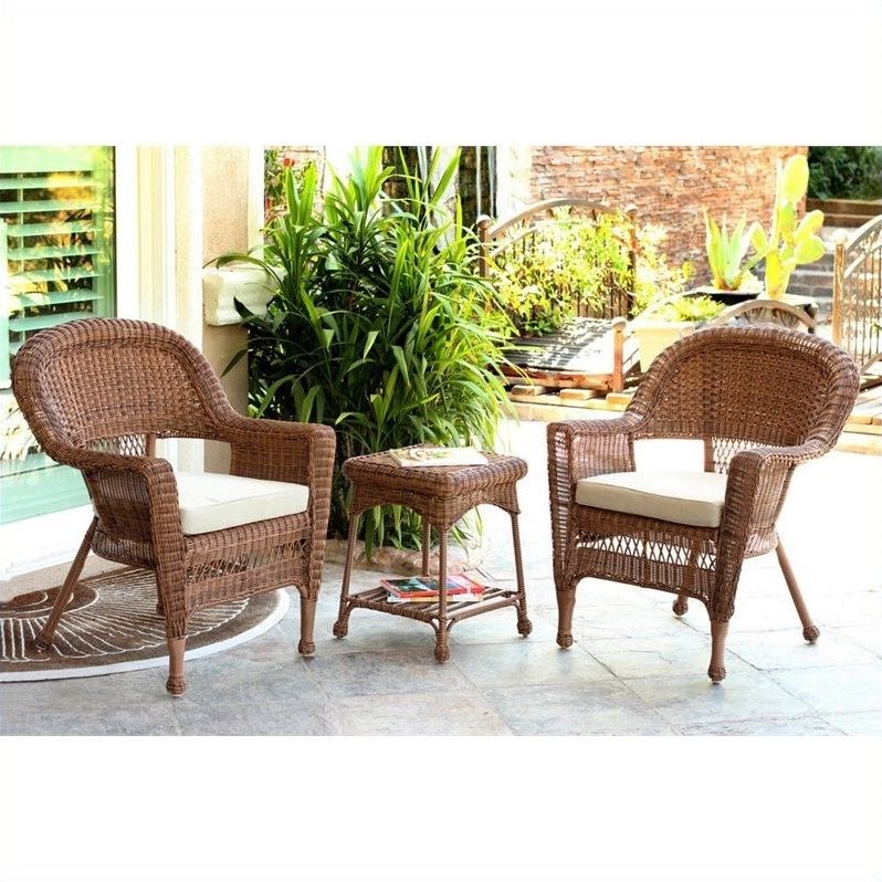 Latest Outdoor Wicker 3 Piece Set Intended For Jeco 3 Piece Resin Wicker Patio Conversation Set In Honey And White (Photo 12 of 15)
