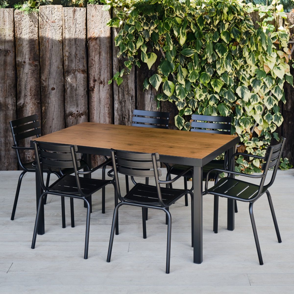 Latest Rectangular Black Metal & Wood Effect Table & 6 Chairs Set – Camden Range –  Woodberry Inside Metal Table Patio Furniture (Photo 3 of 15)