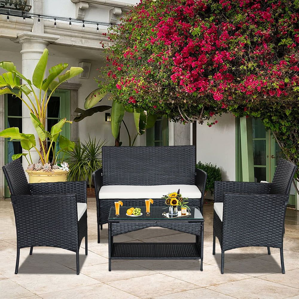 Loveseat Chairs For Backyard Intended For Most Recent Patio Furniture Sets Clearance, 4 Piece Wicker Patio Set With Glass Dining  Table, Loveseat & Cushioned Wicker Chairs, Modern Rattan Outdoor  Conversation Sets For Backyard, Porch, Garden, L4618 – Walmart (View 9 of 15)