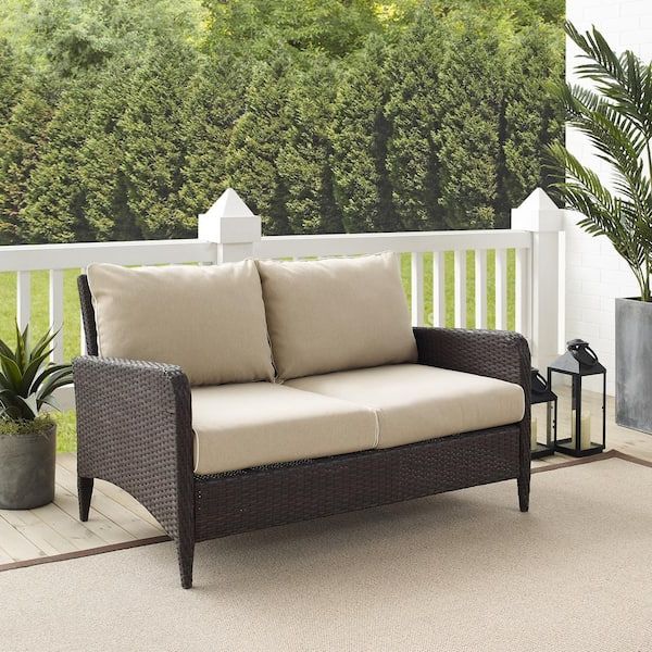 Most Current Crosley Furniture Kiawah Wicker Outdoor Loveseat With Sand Cushions  Ko70065br Sa – The Home Depot Inside Outdoor Sand Cushions Loveseats (View 7 of 15)