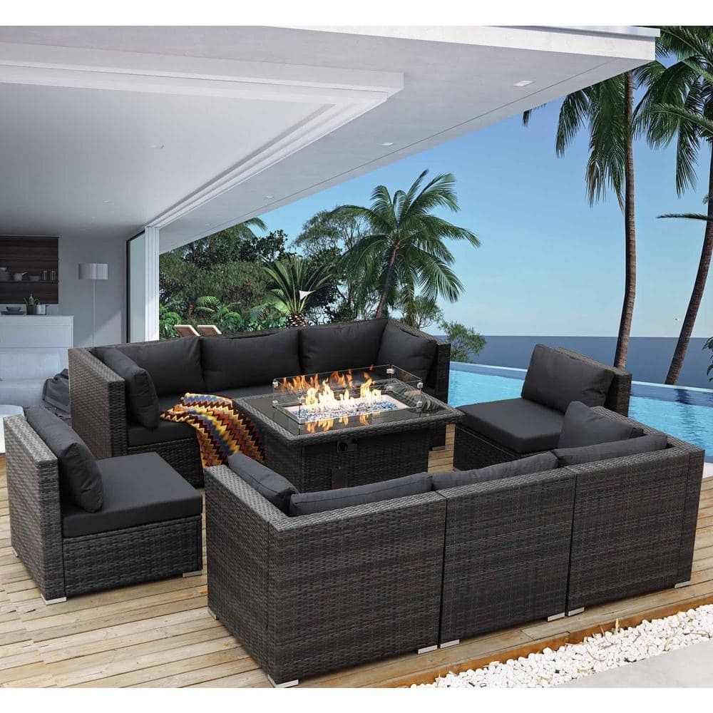 Most Current Fire Pit Table Wicker Sectional Sofa Set With Regard To Nicesoul Gray 9 Piece Wicker Patio Conversation Set Deep Sectional Seating  Set With Charcoal Cushions And Fire Pit Table Hh 3022g – The Home Depot (Photo 1 of 15)