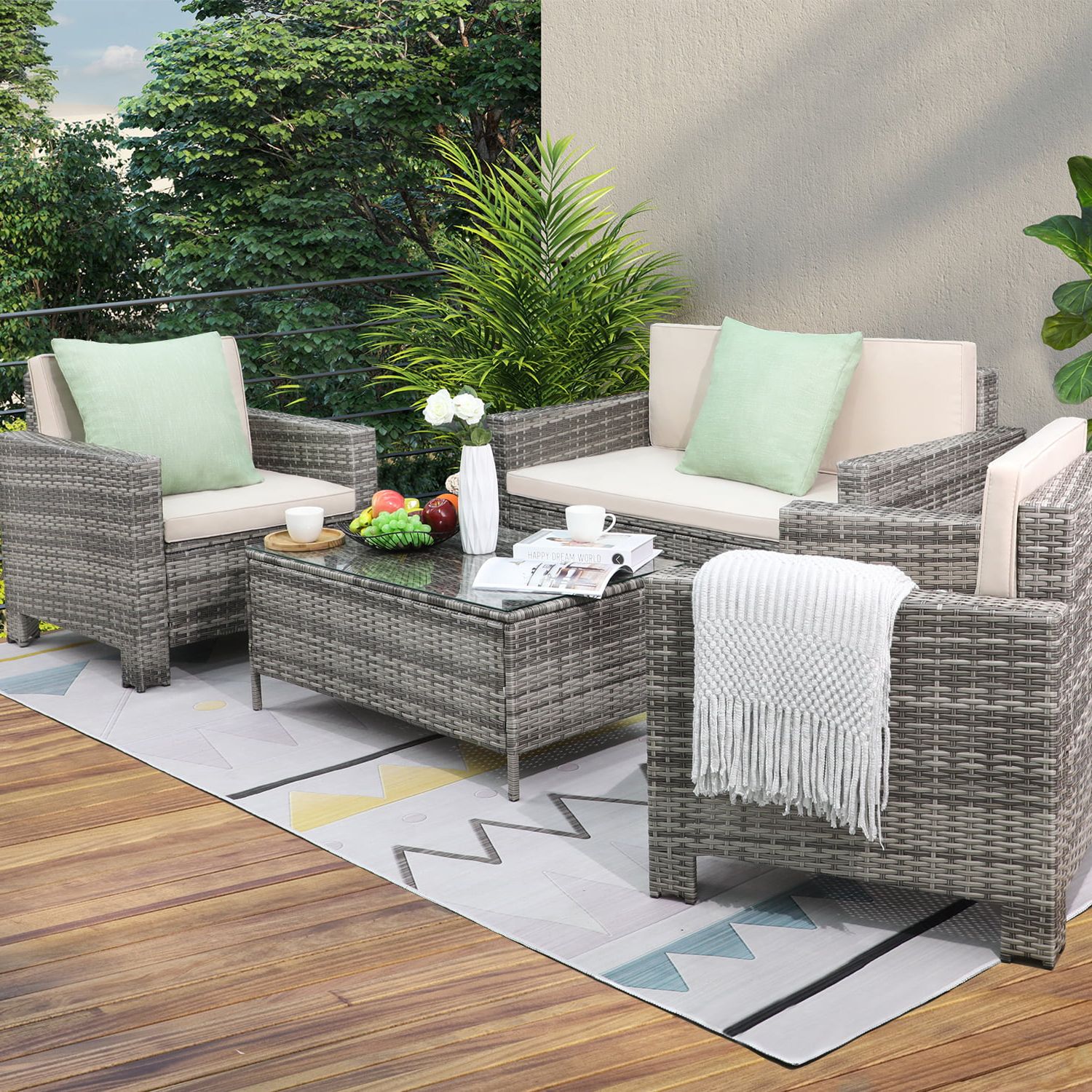 Most Current Lacoo 4 Piece Grey Wicker Outdoor Patio Conversation Set With Beige Cushions  – Walmart With Balcony Furniture Set With Beige Cushions (View 13 of 15)