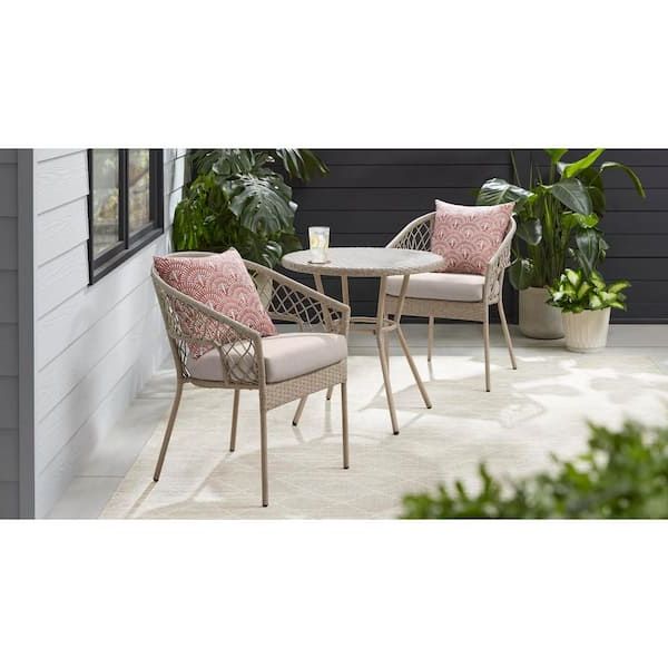 Most Current Patio Furniture Wicker Outdoor Bistro Set With Stylewell Fairlake Natural 3 Piece Steel Wicker Outdoor Bistro Set With  Biscuit Cushions S23 Stnat Mm24 – The Home Depot (Photo 6 of 15)