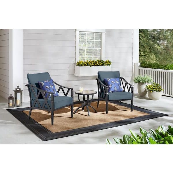 Most Popular Hampton Bay Harmony Hill 3 Piece Black Steel Outdoor Patio Stationary  Conversation Set With Sunbrella Denim Blue Cushions Gl 19044 3st Db – The  Home Depot Within Outdoor Stationary Chat Set (Photo 2 of 15)