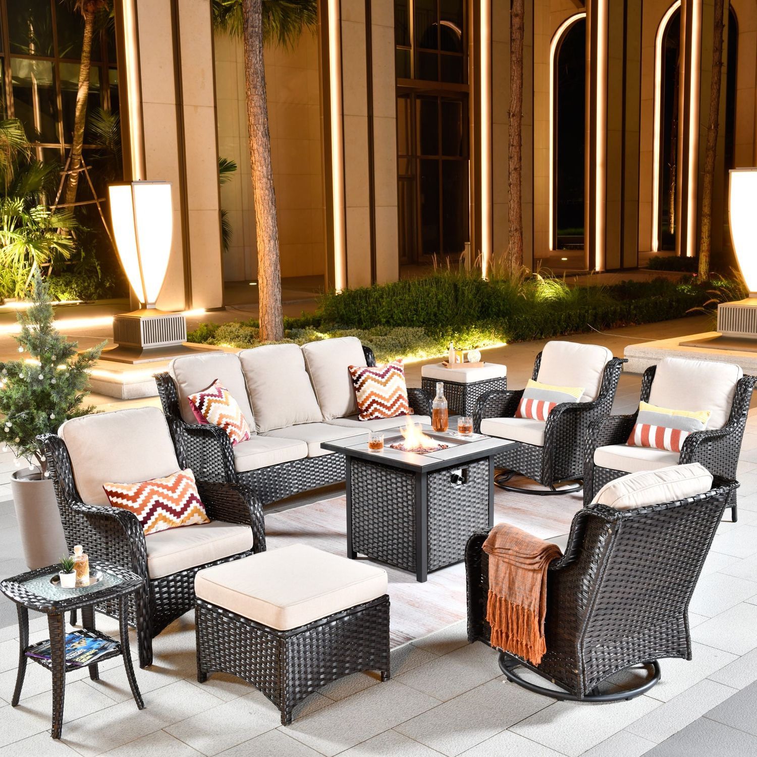 Most Popular Ovios 9 Piece Rattan Patio Furniture Set Wicker Swivel Rocking Chairs  Sectional Sofa Set With Ottomans And Gas Fire Pit Table (brown Wicker,beige  Cushions) In The Patio Conversation Sets Department At Lowes Pertaining To Rocking Chairs Wicker Patio Furniture Set (View 7 of 15)