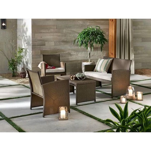 Most Popular Stylewell Park Trail Brown 4 Piece Wicker Patio Conversation Set With Light  Brown Cushions 16121601 – The Home Depot Inside 4 Piece Outdoor Wicker Seating Set In Brown (Photo 3 of 15)