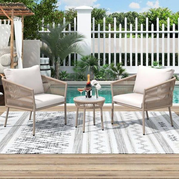 Most Popular Woven Rope Outdoor 3 Piece Conversation Set Intended For Anvil Beige 3 Piece Simple Woven Rope Metal Outdoor Bistro Set Round Table  Armchair Patio Conversation Set With Beige Cushion Ec Wf301555aaa – The  Home Depot (Photo 10 of 15)
