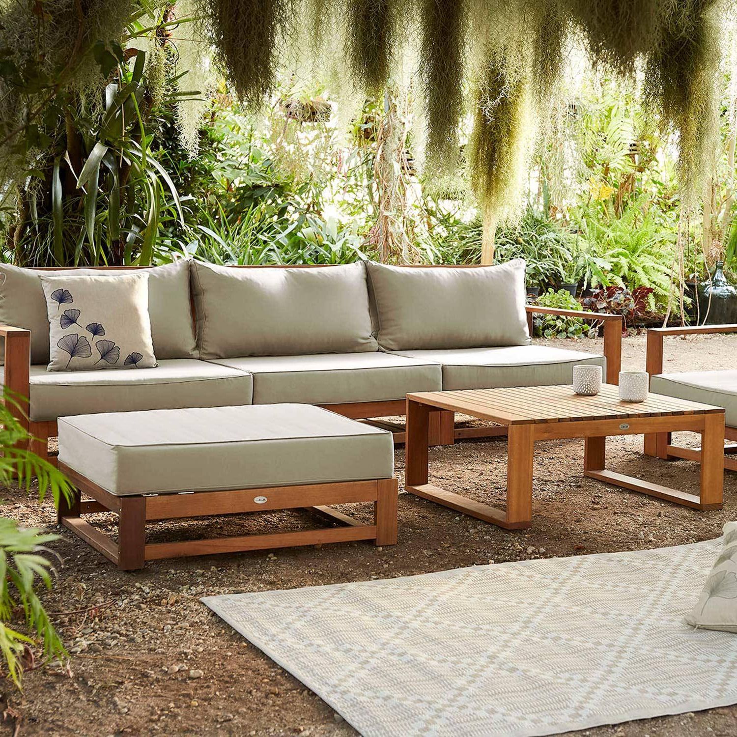 Most Recent 5 Seater Wooden Garden Sofa – Mendoza – Beige Cushions, Sofa, Armchairs And  Coffee Table In Acacia Wood Intended For Wood Sofa Cushioned Outdoor Garden (View 6 of 15)