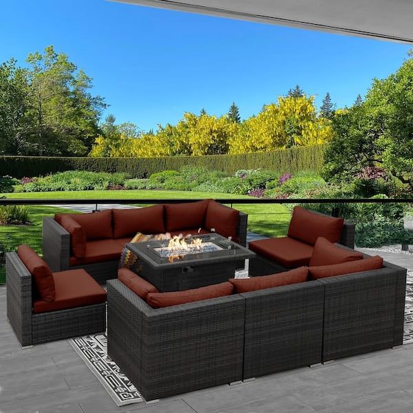 Most Recent Fire Pit Table Wicker Sectional Sofa Set Within Nicesoul Luxury Grey 9 Piece Wicker Patio Extral Large Deep Seating Sectional  Sofa Set With Ruby Red Cushions And Fire Pit Hd 3022 R – The Home Depot (Photo 10 of 15)