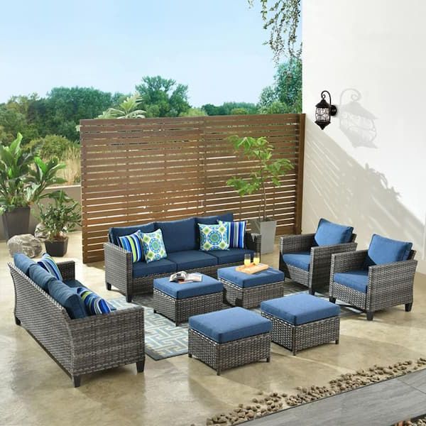 Most Recent Ovios New Vultros Gray 8 Piece Wicker Outdoor Patio Conversation Seating Set  With Blue Cushions Grs3024 – The Home Depot Regarding 8 Pcs Outdoor Patio Furniture Set (View 6 of 15)