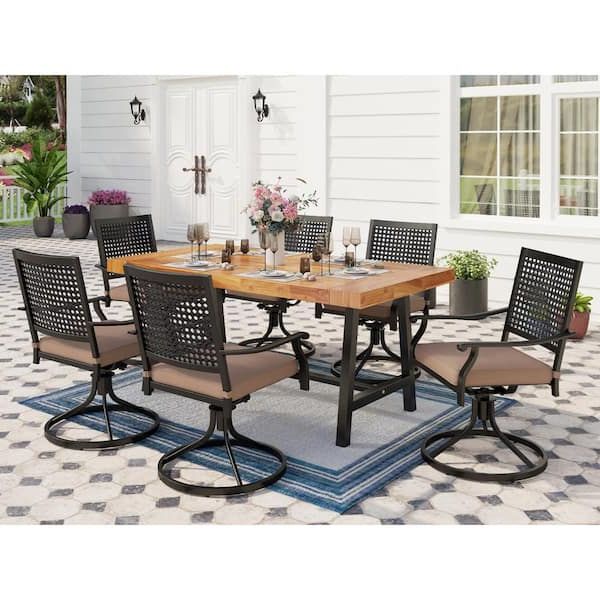 Most Recent Phi Villa 7 Piece Metal Patio Outdoor Dining Set With Wood Dining Table And  Bull's Eye Pattern Swivel Chairs With Beige Cushions Thd7 201136 – The Home  Depot For Metal Table Patio Furniture (View 15 of 15)
