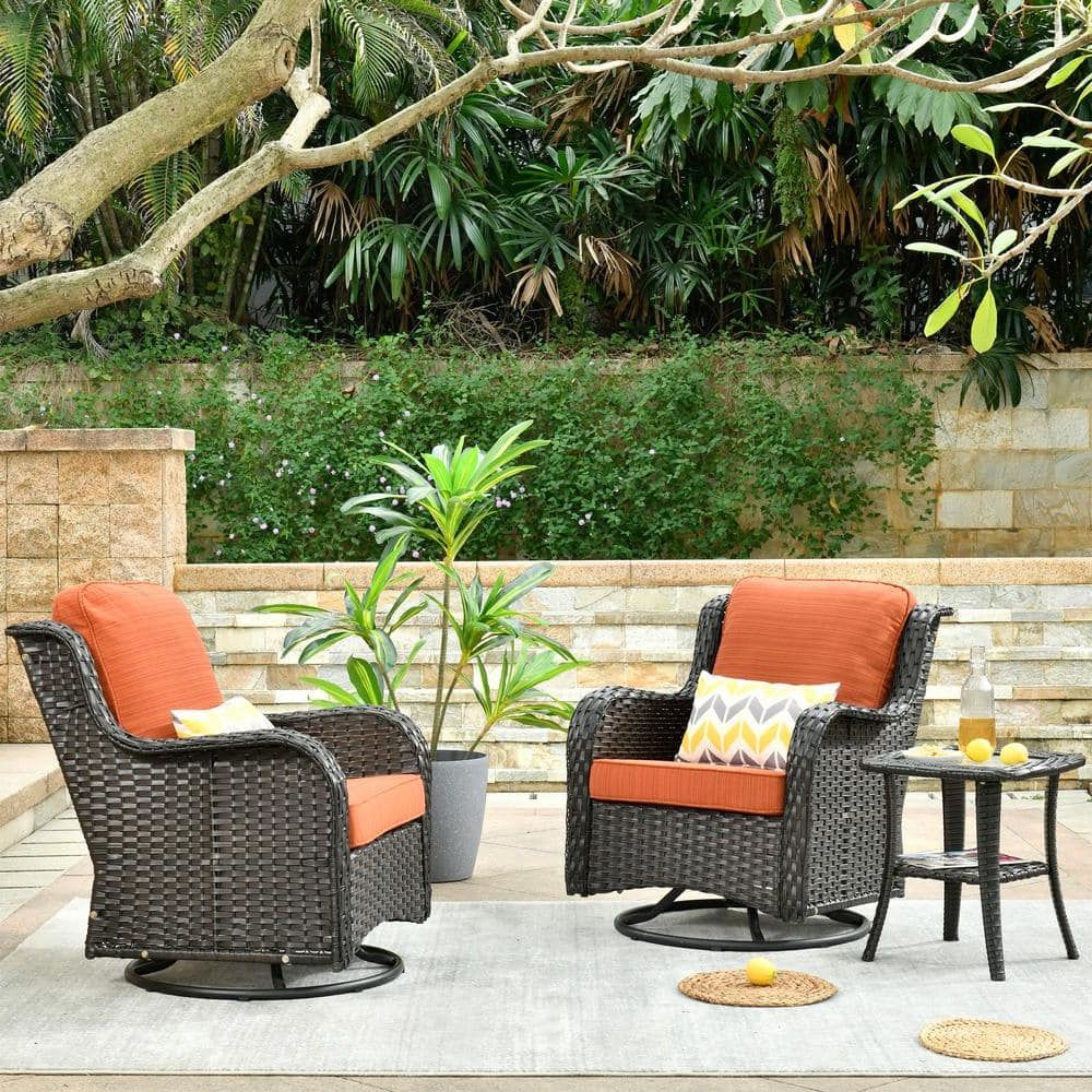 Most Recently Released 3 Pieces Outdoor Patio Swivel Rocker Set Pertaining To Ovios Joyoung Brown 3 Piece Wicker Swivel Outdoor Patio Conversation  Seating Set With Orange Red Cushions Yjntc803r – The Home Depot (View 6 of 15)