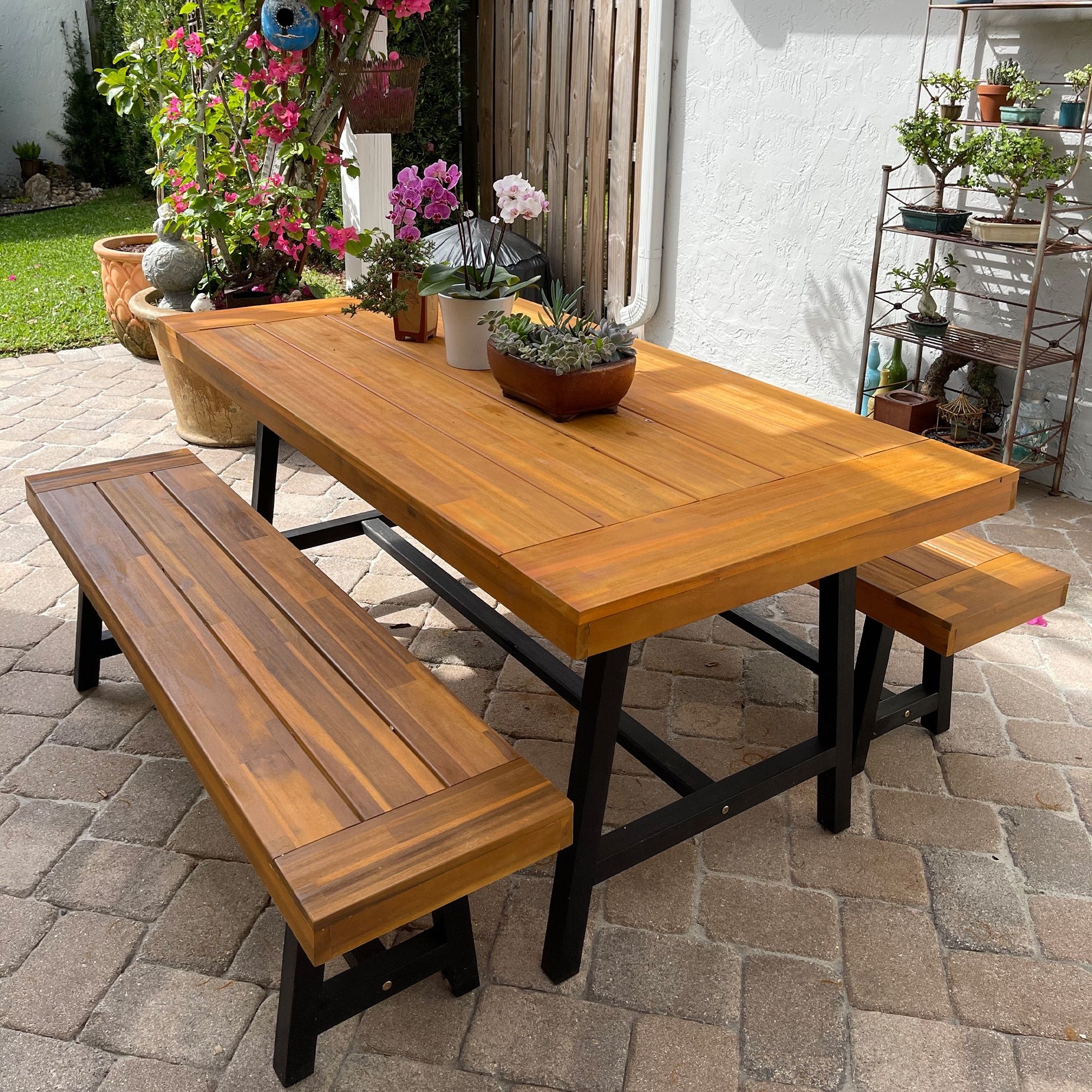Most Recently Released 3pcs Outdoor Patio Dining Table Set Acacia Wood With 1 Rectangular Picnic  Coffee Table And 2 Benches – On Sale – Overstock – 32603834 Intended For Outdoor Terrace Bench Wood Furniture Set (Photo 14 of 15)