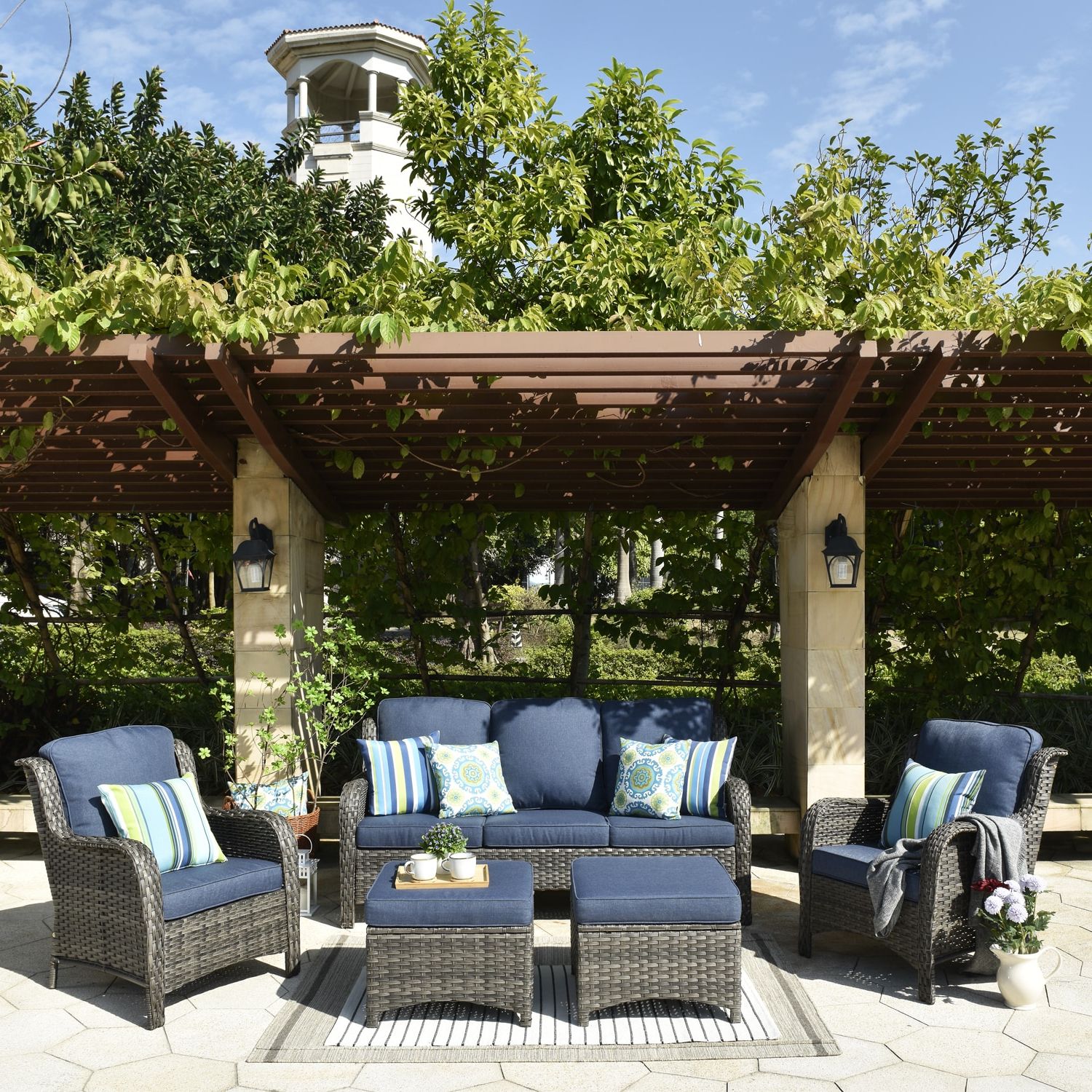 Most Recently Released 5 Piece Patio Furniture Set Regarding Ovios 5 Piece Rattan Patio Conversation Set With Blue Cushions In The Patio  Conversation Sets Department At Lowes (Photo 8 of 15)