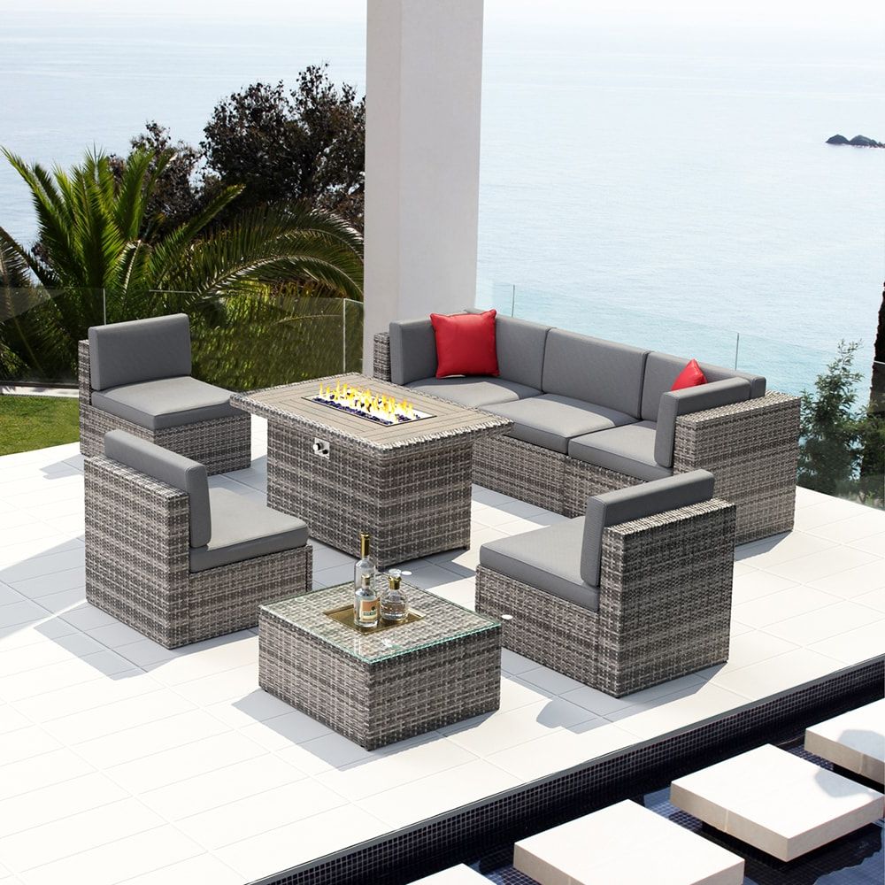 Most Recently Released Aoxun Patio Furniture Set With Fire Pit Table 8 Piece Rattan Patio  Conversation Set With Gray Cushions In The Patio Conversation Sets  Department At Lowes With Regard To 8 Pcs Outdoor Patio Furniture Set (Photo 4 of 15)