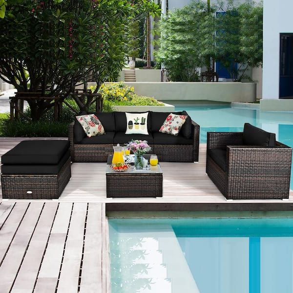 Most Recently Released Furniture Conversation Set Cushioned Sofa Tables With Regard To Costway Patio Rattan Furniture Set Cushion Sofa Coffee Table With Black  Cushions Hw63877bk+ – The Home Depot (View 6 of 15)