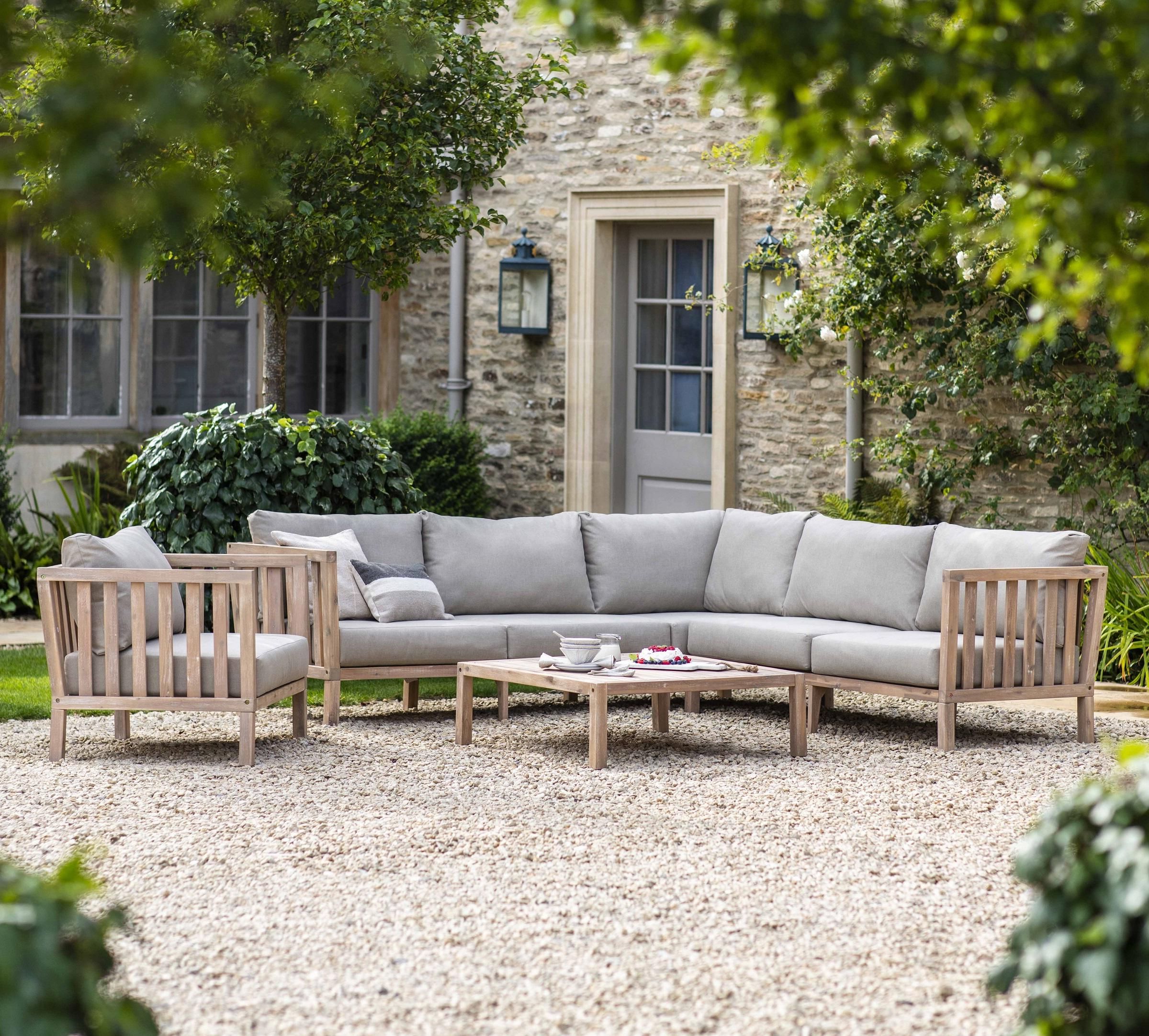 Most Recently Released Modern Grey Garden Corner Sofa Set In Whitewashed Acacia Hardwood With  Light Grey Cushions Regarding Wood Sofa Cushioned Outdoor Garden (Photo 1 of 15)