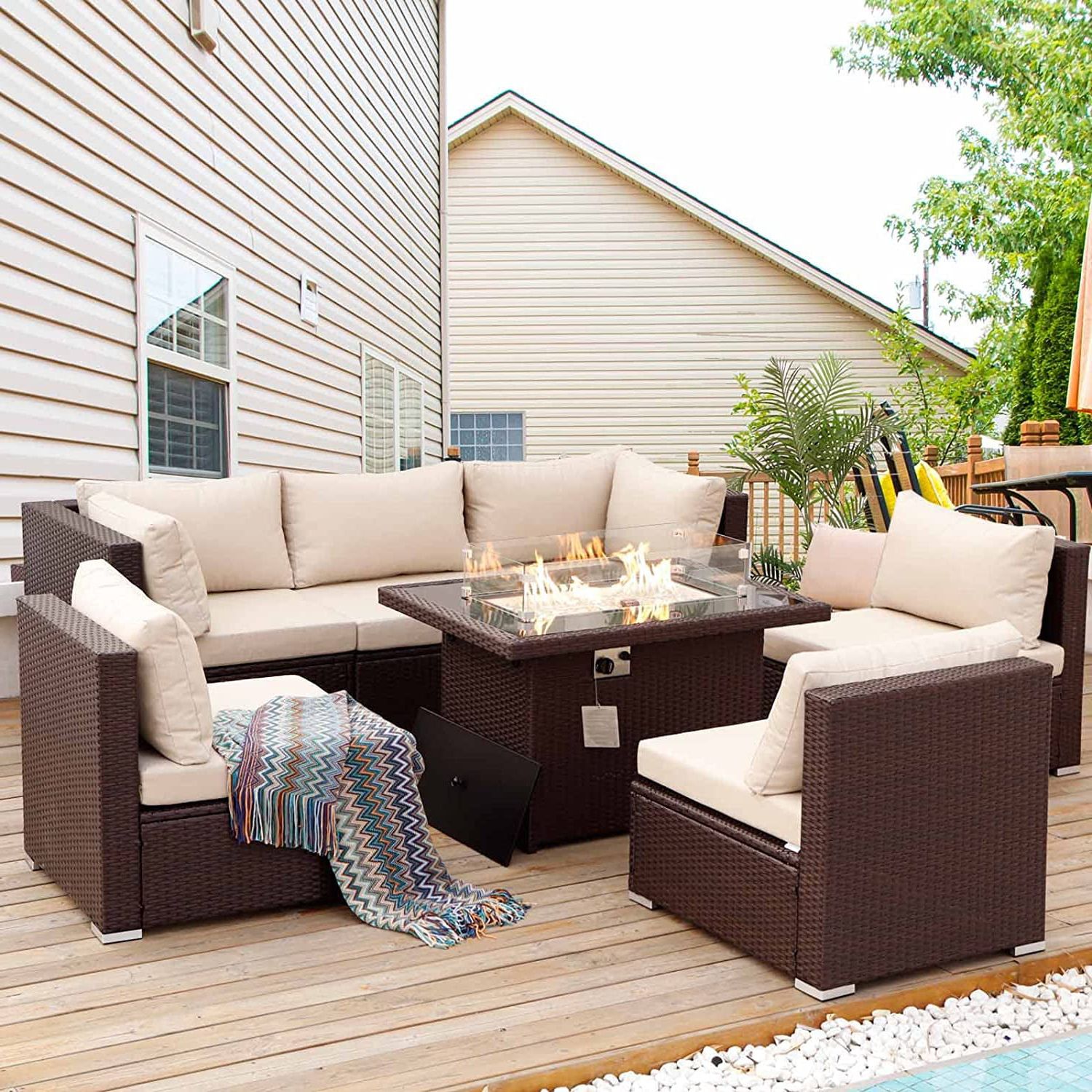 Most Up To Date Nicesoul 7 Pcs Outdoor Furniture With Fire Pit Table Wicker Patio Sectional  Sofa Conversation Sets, Espresso – Walmart In Fire Pit Table Wicker Sectional Sofa Conversation Set (Photo 1 of 15)